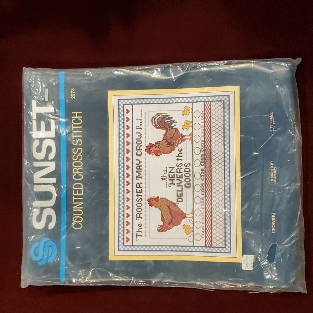 Vintage Sunset Counted Cross Stitch "Rooster May Crow but Hen" Farm 9×12 Unused